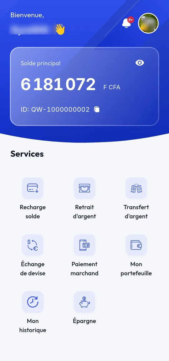 L’écran d’accueil de Quick Wallet : le solde du portefeuille et l’accès aux services.