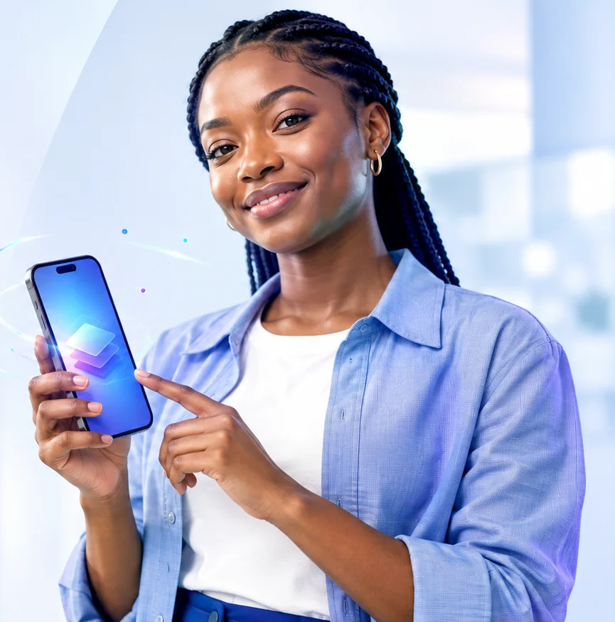 Une utilisatrice tient son téléphone, l’application Quick Wallet à la main.